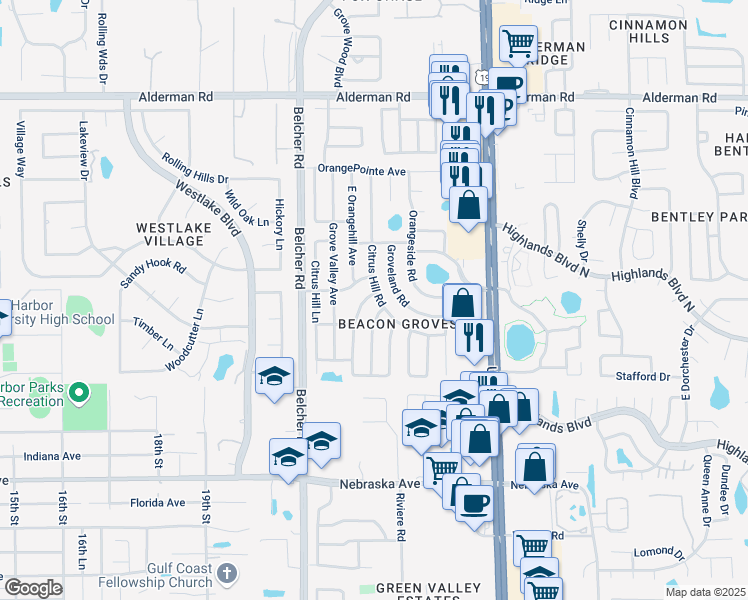 map of restaurants, bars, coffee shops, grocery stores, and more near 1783 West Grove Leaf Avenue in Palm Harbor