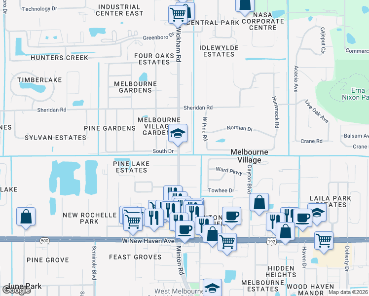 map of restaurants, bars, coffee shops, grocery stores, and more near 1281 South Wickham Road in West Melbourne
