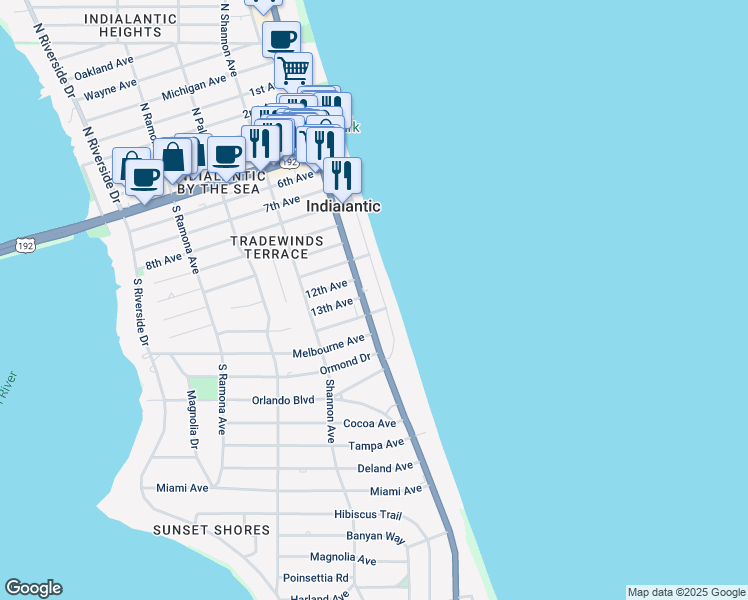 map of restaurants, bars, coffee shops, grocery stores, and more near 808 South Miramar Avenue in Indialantic