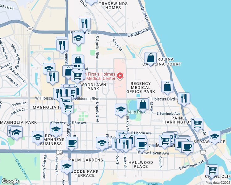 map of restaurants, bars, coffee shops, grocery stores, and more near 1431 Oak Street in Melbourne