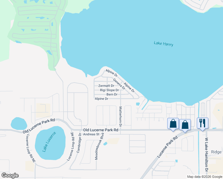 map of restaurants, bars, coffee shops, grocery stores, and more near 114 Rigi Slope Drive in Winter Haven