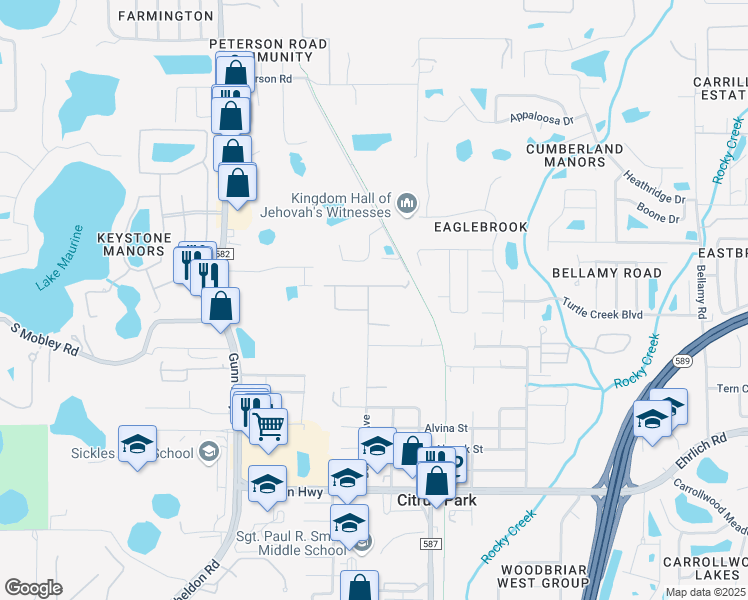 map of restaurants, bars, coffee shops, grocery stores, and more near 7714 Bingham Court in Tampa