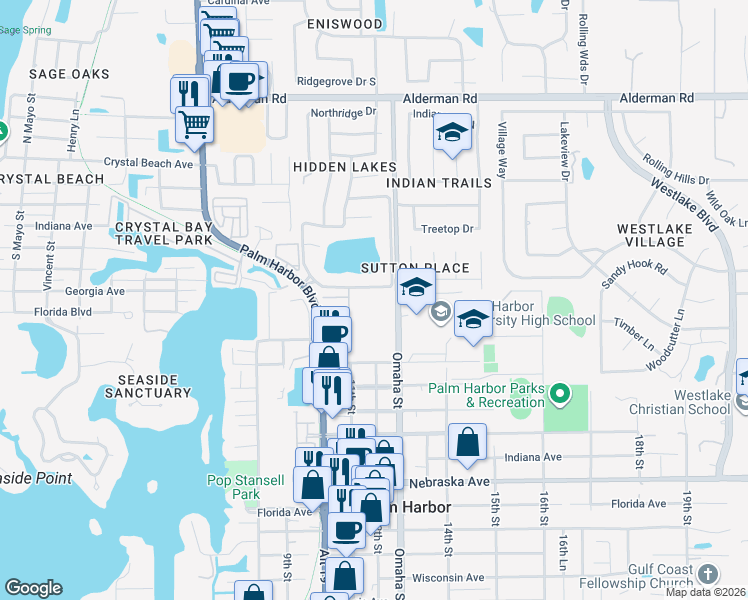 map of restaurants, bars, coffee shops, grocery stores, and more near 2018 Hidden Lake Drive in Palm Harbor
