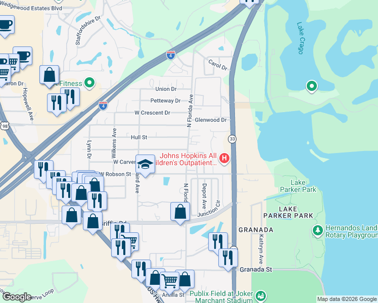 map of restaurants, bars, coffee shops, grocery stores, and more near 3405 North Florida Avenue in Lakeland