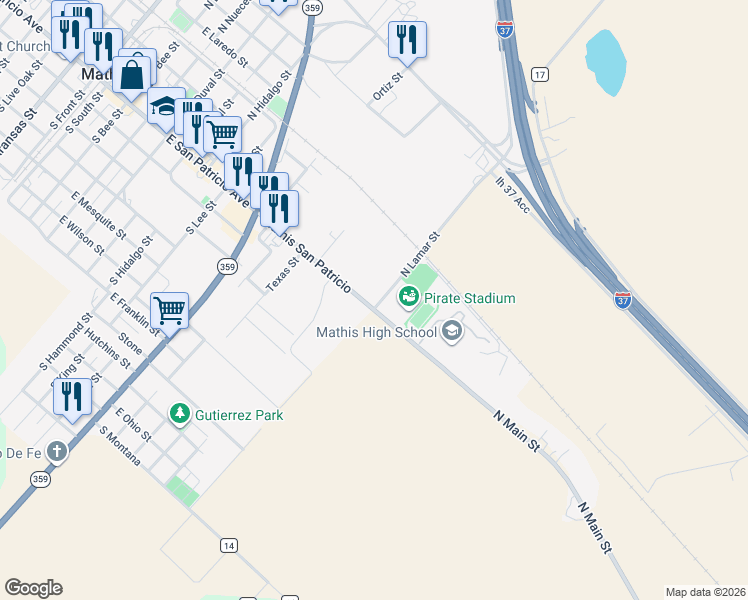 map of restaurants, bars, coffee shops, grocery stores, and more near 103 North Lamar Street in Mathis