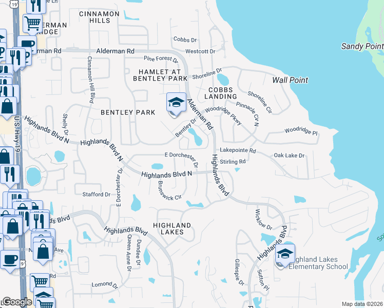map of restaurants, bars, coffee shops, grocery stores, and more near 3305 East Dorchester Drive in Palm Harbor