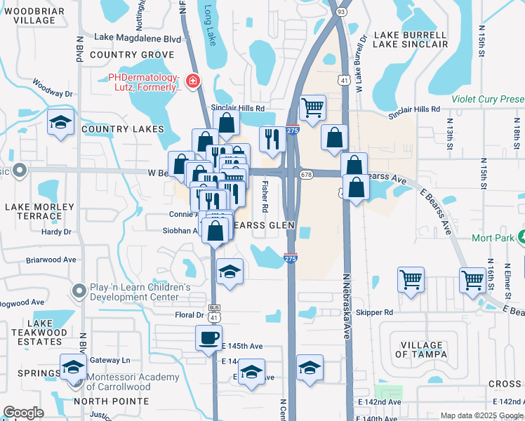 map of restaurants, bars, coffee shops, grocery stores, and more near 14918 Fisher Road in Tampa