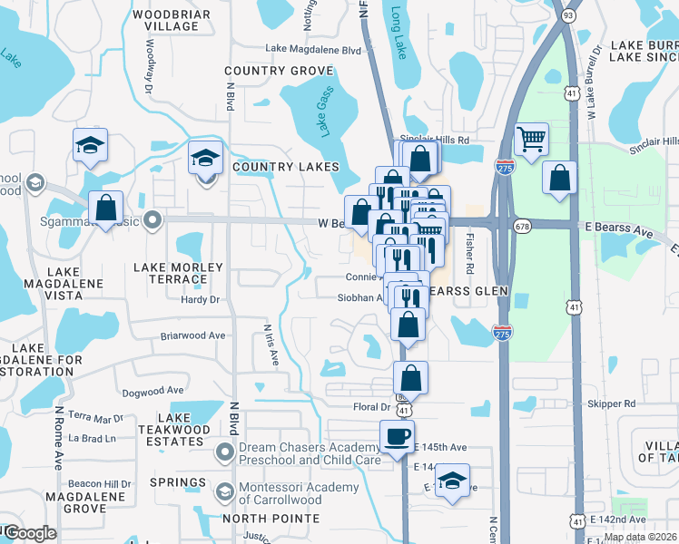 map of restaurants, bars, coffee shops, grocery stores, and more near 127 Connie Avenue in Tampa