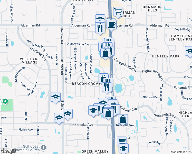 map of restaurants, bars, coffee shops, grocery stores, and more near 1946 Orangeside Road in Palm Harbor
