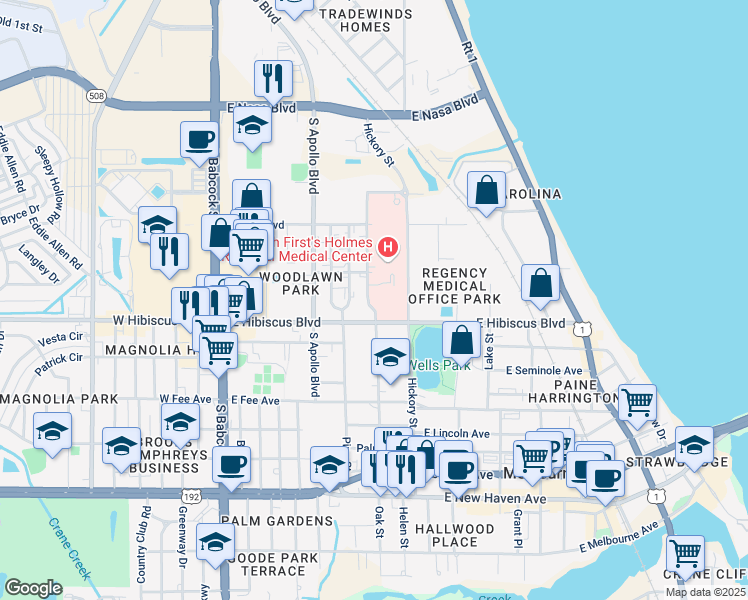 map of restaurants, bars, coffee shops, grocery stores, and more near 1431 Oak Street in Melbourne