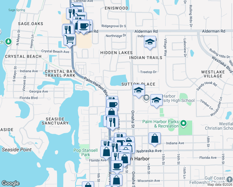 map of restaurants, bars, coffee shops, grocery stores, and more near 1915 Orange Boulevard Way in Palm Harbor