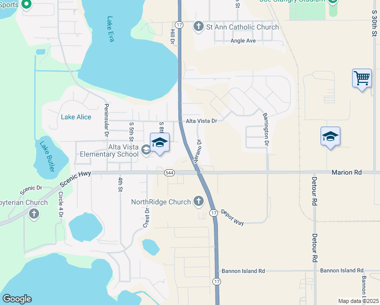 map of restaurants, bars, coffee shops, grocery stores, and more near Florida 17 in Haines City