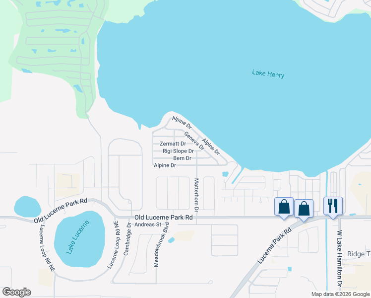 map of restaurants, bars, coffee shops, grocery stores, and more near 96 Rigi Slope Drive in Winter Haven