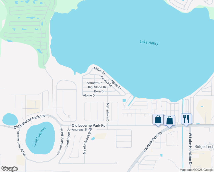map of restaurants, bars, coffee shops, grocery stores, and more near 96 Rigi Slope Drive in Winter Haven