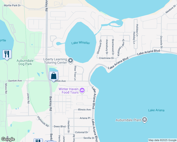 map of restaurants, bars, coffee shops, grocery stores, and more near 2072 Ariana Boulevard in Auburndale
