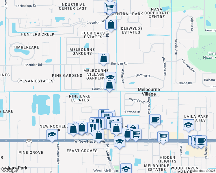 map of restaurants, bars, coffee shops, grocery stores, and more near 1281 South Wickham Road in West Melbourne