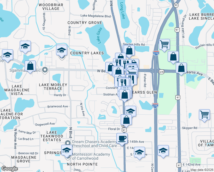 map of restaurants, bars, coffee shops, grocery stores, and more near 127 Connie Avenue in Tampa