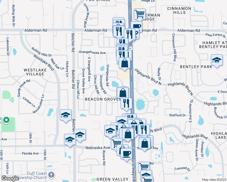 map of restaurants, bars, coffee shops, grocery stores, and more near 1946 Orangeside Road in Palm Harbor