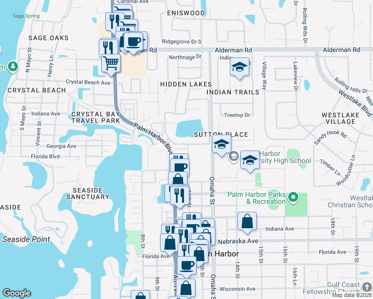 map of restaurants, bars, coffee shops, grocery stores, and more near 1915 Orange Boulevard Way in Palm Harbor
