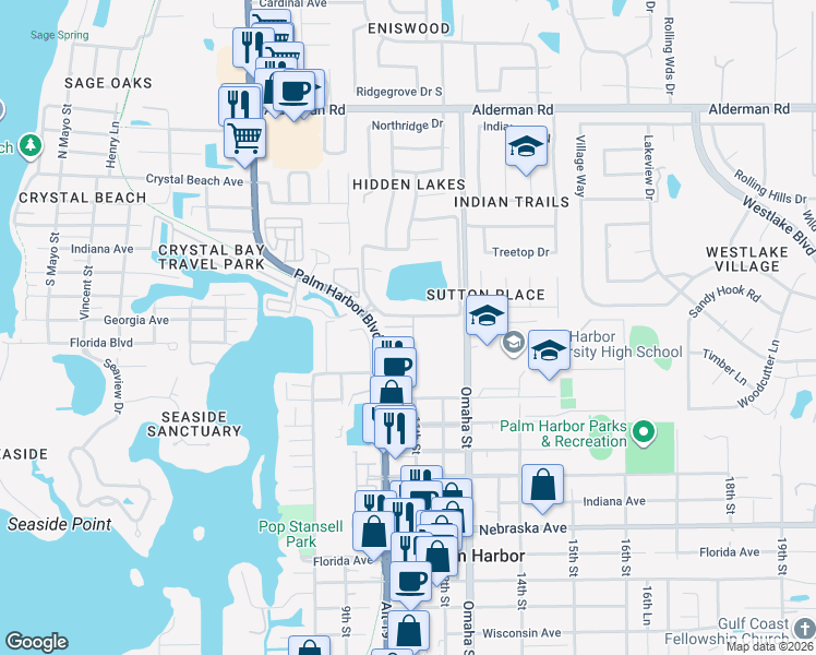 map of restaurants, bars, coffee shops, grocery stores, and more near 1915 Orange Boulevard Way in Palm Harbor