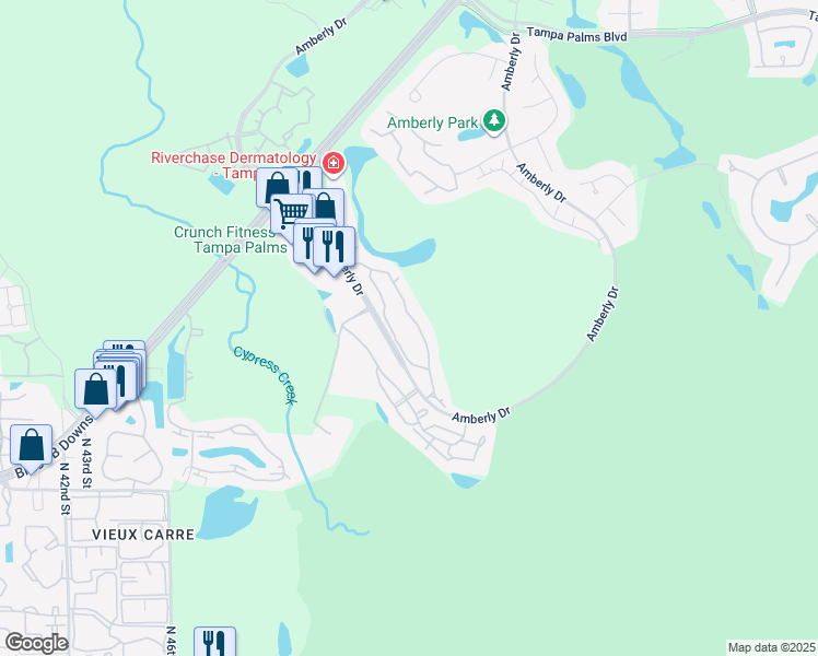 map of restaurants, bars, coffee shops, grocery stores, and more near 15350 Amberly Drive in Tampa