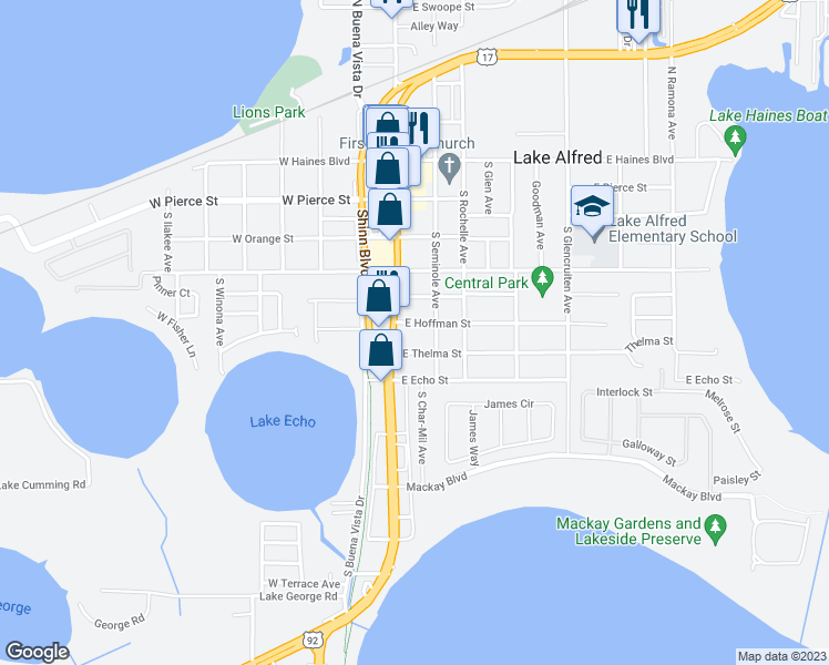 map of restaurants, bars, coffee shops, grocery stores, and more near 125 East Hoffman Street in Lake Alfred
