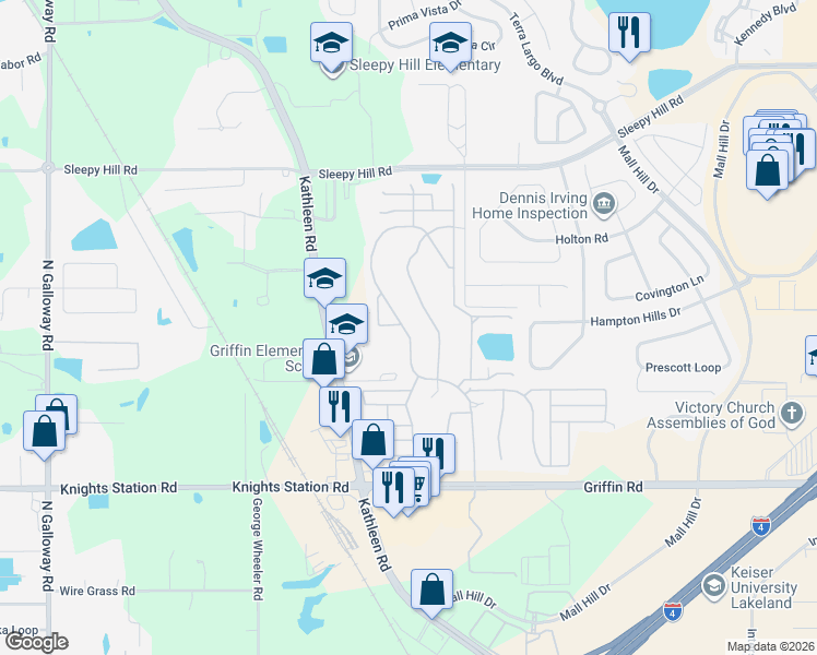 map of restaurants, bars, coffee shops, grocery stores, and more near 3408 Glen Abbey Lane in Lakeland