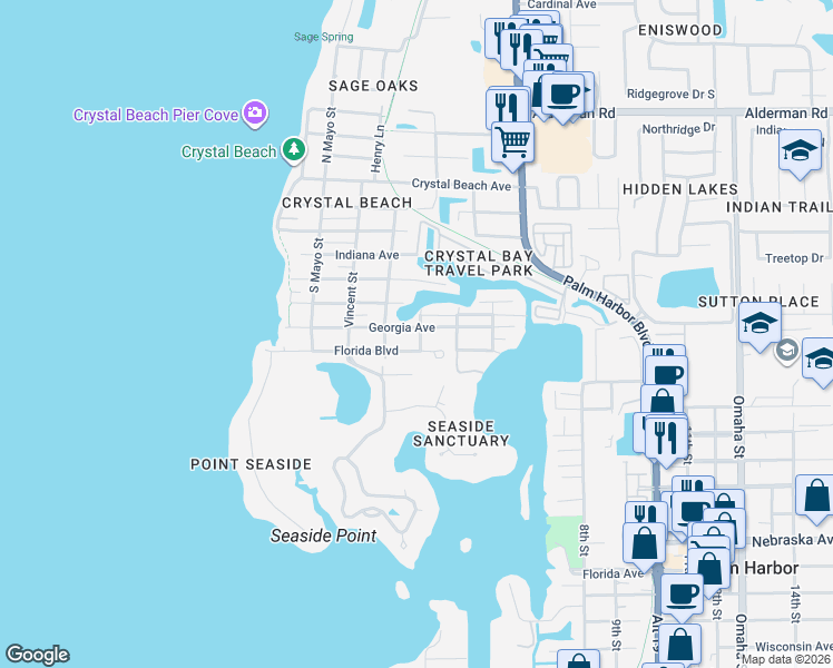 map of restaurants, bars, coffee shops, grocery stores, and more near 275 Georgia Avenue in Palm Harbor