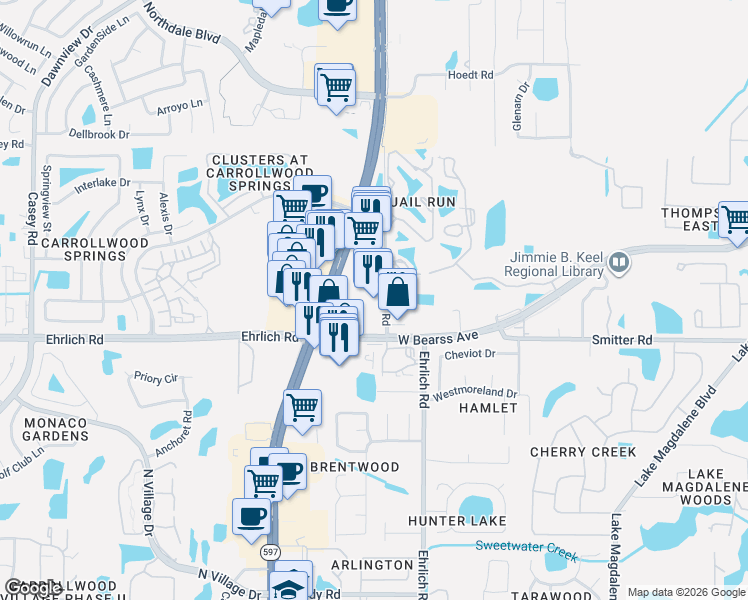 map of restaurants, bars, coffee shops, grocery stores, and more near 15001 North Dale Mabry Highway in Tampa