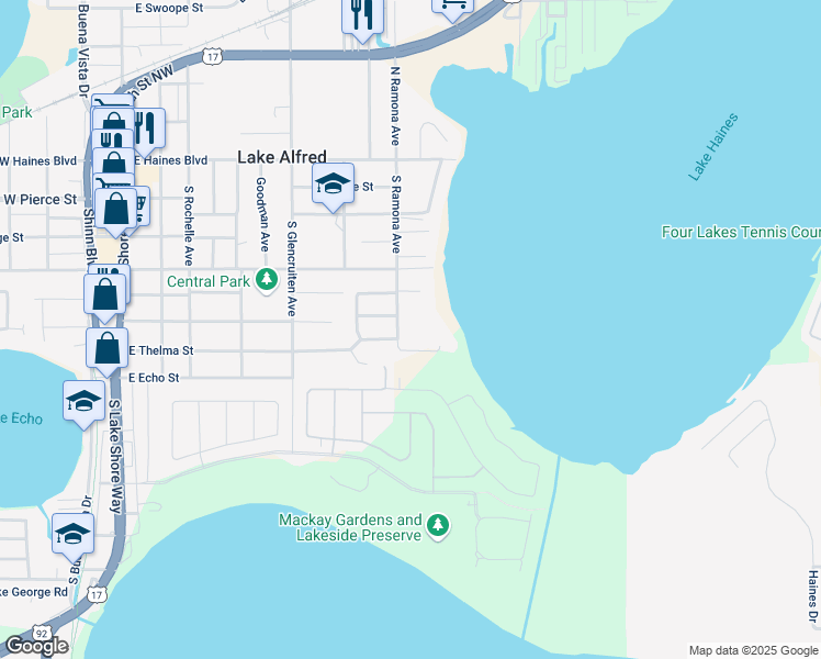 map of restaurants, bars, coffee shops, grocery stores, and more near 650 South Ramona Avenue in Lake Alfred