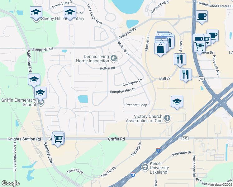 map of restaurants, bars, coffee shops, grocery stores, and more near 3762 Hampton Hills Road in Lakeland