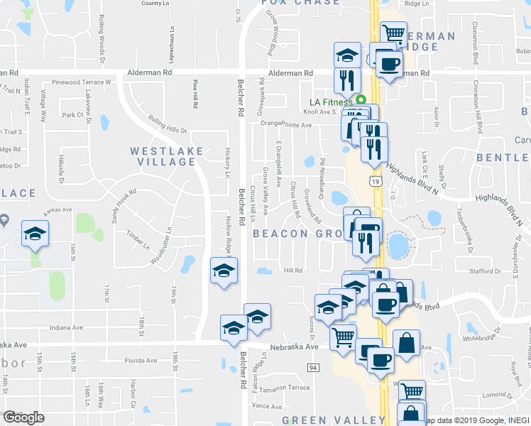map of restaurants, bars, coffee shops, grocery stores, and more near 2095 Grove Valley Ave in Palm Harbor