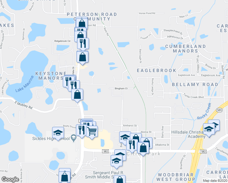 map of restaurants, bars, coffee shops, grocery stores, and more near 7727 Cedarhurst Lane in Tampa