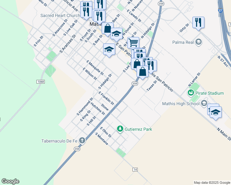 map of restaurants, bars, coffee shops, grocery stores, and more near 515 South Rio Street in Mathis
