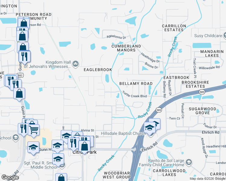 map of restaurants, bars, coffee shops, grocery stores, and more near 14901 Perriwinkle Place in Tampa