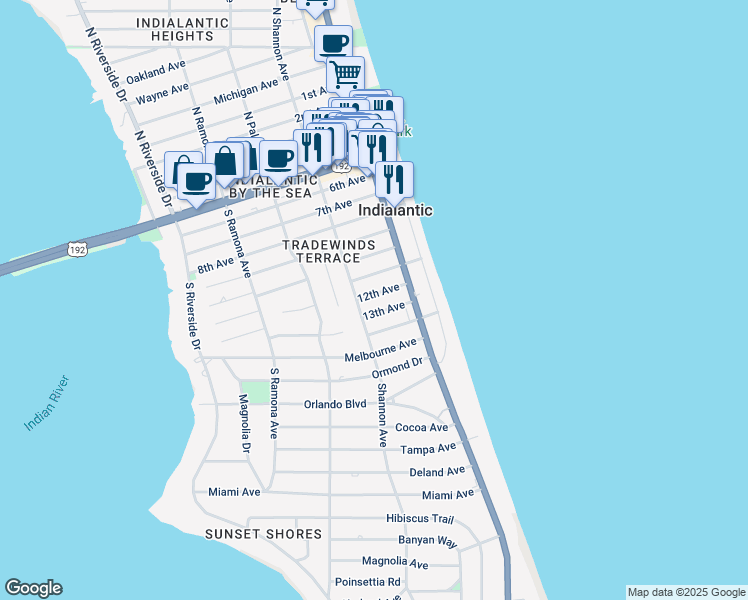 map of restaurants, bars, coffee shops, grocery stores, and more near 135 12th Avenue in Indialantic