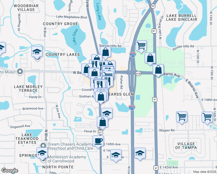 map of restaurants, bars, coffee shops, grocery stores, and more near 14989 North Florida Avenue in Tampa