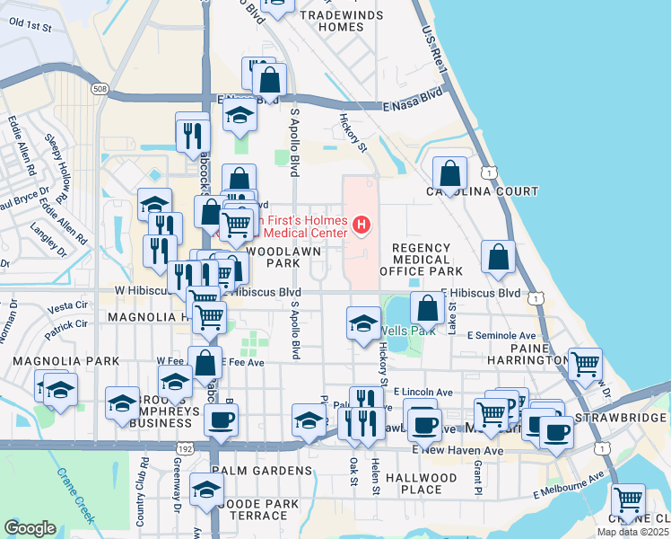 map of restaurants, bars, coffee shops, grocery stores, and more near 1420 Oak Street in Melbourne