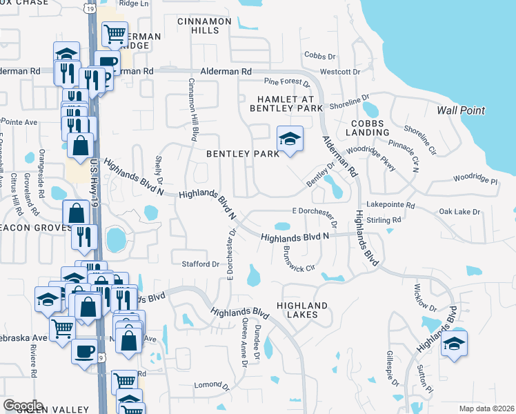 map of restaurants, bars, coffee shops, grocery stores, and more near 3063 East Dorchester Drive in Palm Harbor