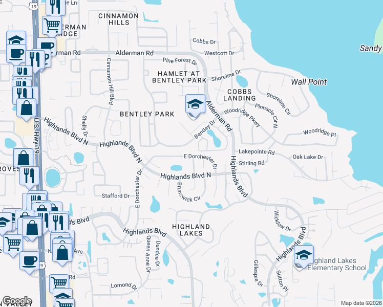 map of restaurants, bars, coffee shops, grocery stores, and more near 3207 E Dorchester Dr in Palm Harbor