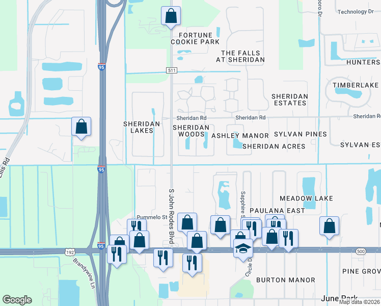 map of restaurants, bars, coffee shops, grocery stores, and more near 651 Sheridan Woods Drive in Melbourne