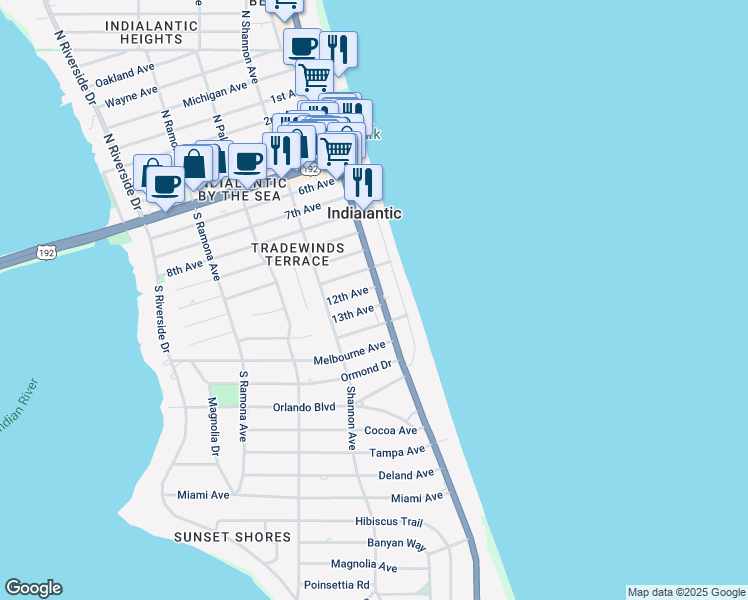map of restaurants, bars, coffee shops, grocery stores, and more near 808 S Miramar Ave in Indialantic