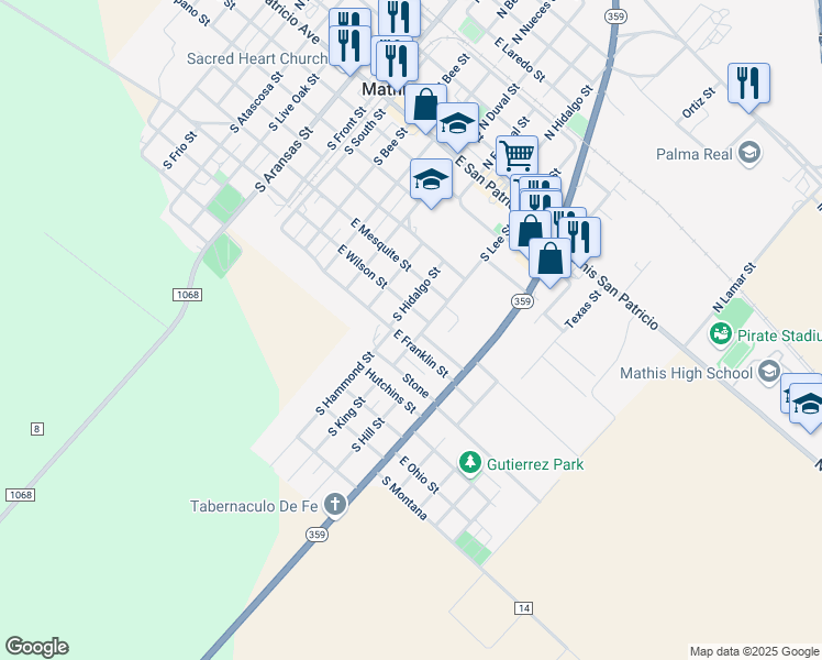 map of restaurants, bars, coffee shops, grocery stores, and more near 615 East Franklin Street in Mathis