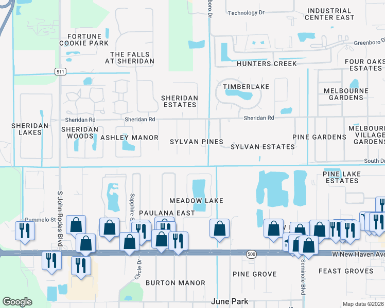 map of restaurants, bars, coffee shops, grocery stores, and more near 1425 Garwood Drive in Melbourne