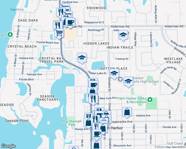 map of restaurants, bars, coffee shops, grocery stores, and more near 1915 Orange Boulevard Way in Palm Harbor