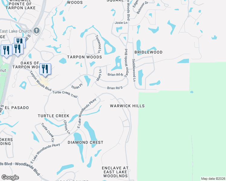 map of restaurants, bars, coffee shops, grocery stores, and more near 3400 Brian Road South in Palm Harbor