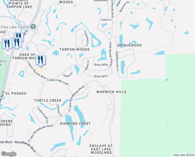 map of restaurants, bars, coffee shops, grocery stores, and more near 3400 Brian Road South in Palm Harbor