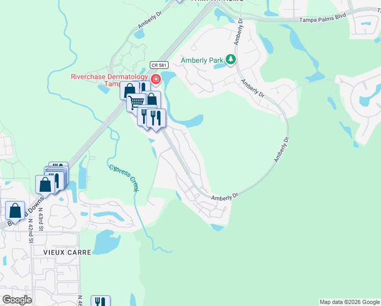 map of restaurants, bars, coffee shops, grocery stores, and more near 15350 Amberly Drive in Tampa