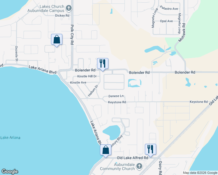 map of restaurants, bars, coffee shops, grocery stores, and more near 385 Pine Shadow Lane in Auburndale