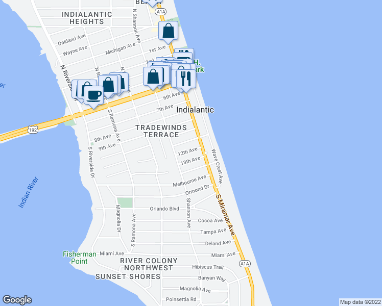 map of restaurants, bars, coffee shops, grocery stores, and more near 135 12th Avenue in Indialantic